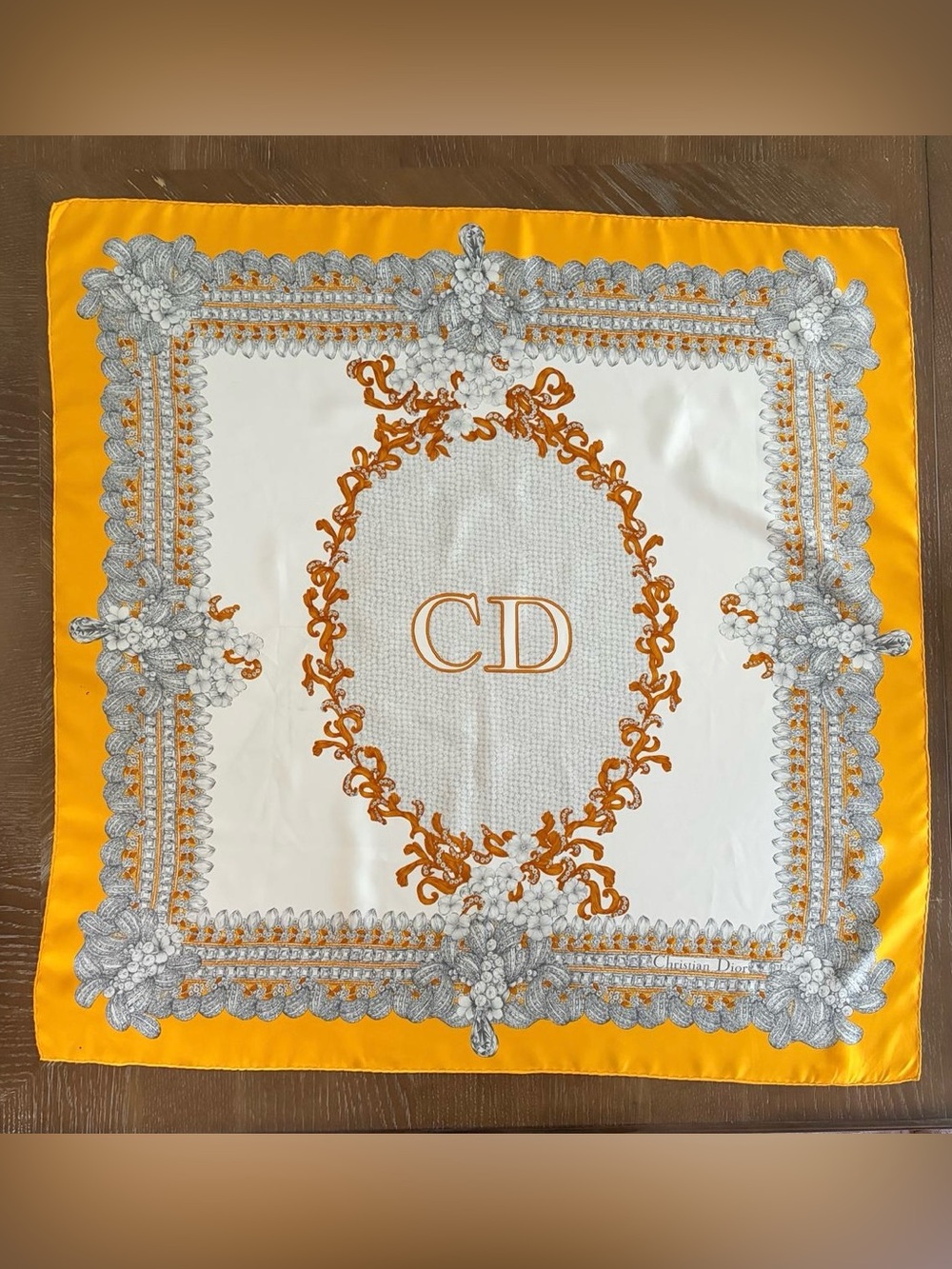 Christian Dior Silk Scarf Carré 90 Yellow White Multicolor Hand Rolled Italy